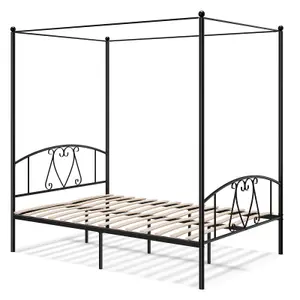 Costway Double Size Metal Canopy Bed Frame 4-Poster Modern Platform Wooden Slat Support