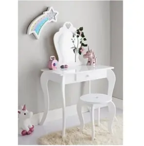 Abaseen White Children Amelia Vanity Set Dressing Table with Mirror & Stool, Girls Makeup Table Chair for Children's Bedroom