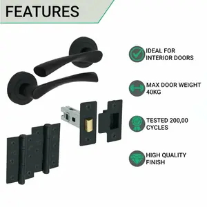 EAI - Black Door Handles Swept Lever on Rose Latch Kit / Pack - 78mm Latch - 76mm Hinges - Matt Black