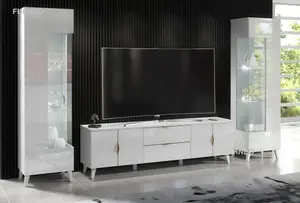 Furneo High Gloss & Matt White Living Room Set TV Stand Display Cabinets Azzurro10/12 White LED Lights