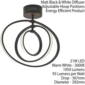 LED Semi Flush Ceiling Light 21W Warm White Matt Black Hoop Ring Feature Strip