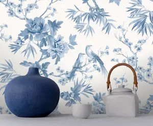 Amie Jardin Chinoiserie Blue Floral Wallpaper Roll Bedroom Hallway Wall Decor Sample Only