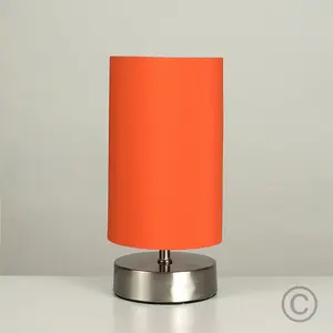 ValueLights Francis Brushed Chrome Touch Dimmer Bedside Table Lamp with Orange Cylinder Light Shade