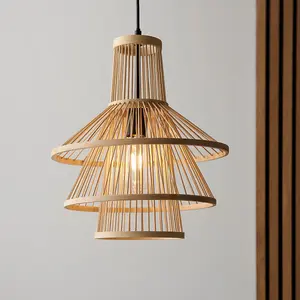 Luminosa Minato Single Pendant Ceiling Lamp, Natural Bamboo, Matt Black