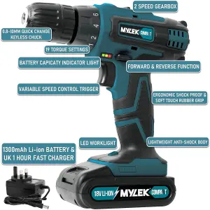 Mylek 18V Cordless Li-Ion Drill With Accessory Kit and Carry Case