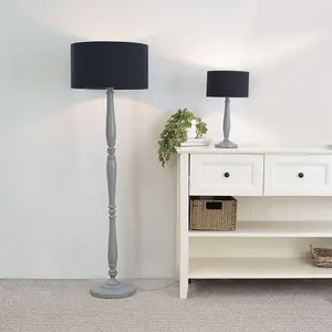 ValueLights Victoria Traditional Grey Wood Candlestick Table Lamp with Black Drum Shade - LED Bulb Included