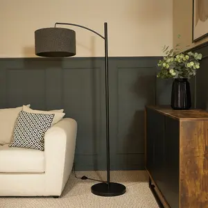 ValueLights Preto Black Metal Curve Stem Living Room Floor Lamp with a Charcoal Grey Boucle Shade - Bulb Included