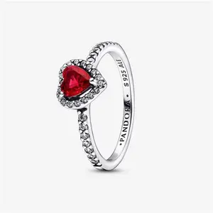 Pandora Elevated Red Heart Ring - Sterling Silver / Mixed Stone / Red - Sz. 50