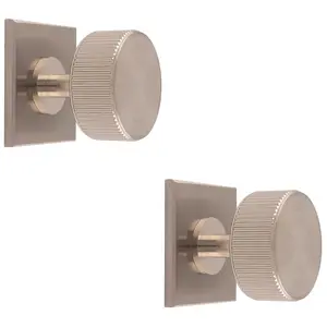 2 PACK - Reeded Radio Cabinet Door Knob & Matching Backplate Lined Satin Nickel 40 x 40mm