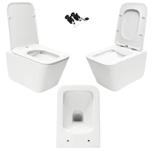 Square Gloss White Hidden Fixation Rimless Wall Hung Toilet Pan & 1.12m Concealed Cistern WC Frame & Matt White, Trim Flush Plate