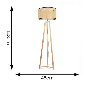 ValueLights Lottie Natural Wood Tripod Floor Lamp with Natural Woven Rattan Shade - LED Bulb Included