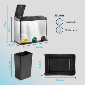 VonHaus Recycling Pedal Bin for Kitchen Waste - 45L Rubbish Capacity - Stainless Steel 3 Colour Coded Recycle Compartments w/ Lids