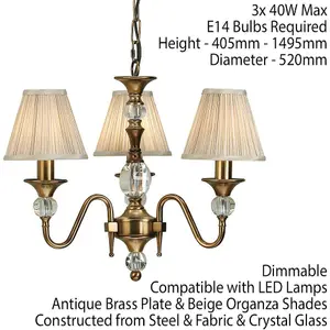 Diana Ceiling Pendant Chandelier Antique Brass & Beige Pleat Shade 3 Lamp Light