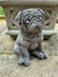 Sitting Pug Stone Statue Outdoor Stone Puppy Dog Bulldog Animal Garden Ornament