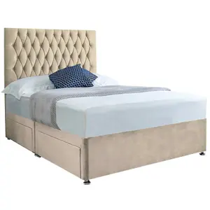 Jemma Divan Bed Set with Headboard and Mattress - Chenille Fabric, Cream Color, 2 Drawers Right Side