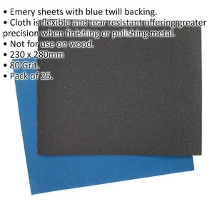 25 PK Blue Twill Emery Sheet 230 x 280mm - Flexible & Tear Resistant - 80 Grit