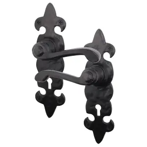 AFIT Black Antique Fleur De Lys Door Handles for Key Lock - 1 Pair of Cast Iron Internal Lever Handles on Backplate