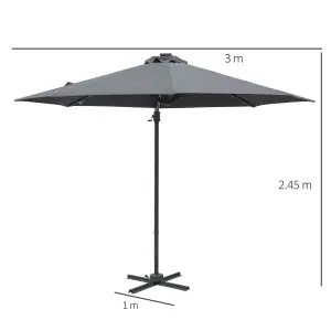 Outsunny 3(m) Cantilever Roma Parasol Patio Sun Umbrella with Crank & Tilt LED Solar Light Cross Base Outdoor, Dark Grey