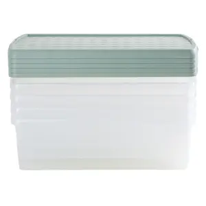 Wham Clip 5x 30L Rectangular Plastic Storage Boxes with Secure Clip Lock Lids. L:59.5 x W:39.5 x H:17cm Clear/Green Milieu/Stone