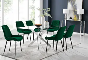 Furniturebox UK Leonardo 6 Dining Table and 6 Green Pesaro Black Leg Chairs