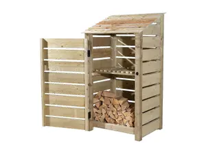 Slatted wooden log store with door and kindling shelf W-99cm, H-180cm, D-88cm - natural (light green) finish