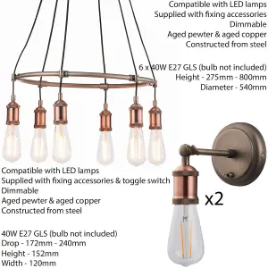 6 Lamp Ceiling Pendant & 2x Matching Wall Light Pack Tarnished Aged Copper Kit