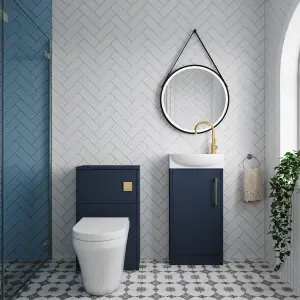 Cloakroom Suite - Left Hand 440mm Vanity, WC Unit, Toilet and Tap - Blue/Brass