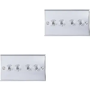 2 PACK 4 Gang Quad Retro Toggle Light Switch POLISHED CHROME 10A 2 Way Plate