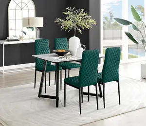 Furniturebox UK Carson White Marble Effect Dining Table & 4 Green Velvet Milan Black Leg Chairs