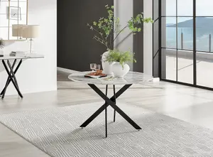 Furniturebox UK Novara White Marble Black Leg 120cm Round Dining Table & 4 Black Velvet Milan Chairs