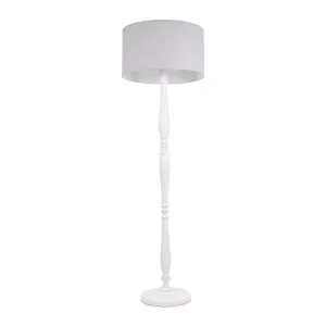 ValueLights Victoria Traditional White Wood Candlestick Floor Lamp with Grey Drum Shade - LED Bulb Included