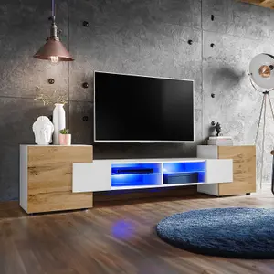 Bridge Wide TV Unit with Storage & Led Lighting - Wotan Oak / White Matt