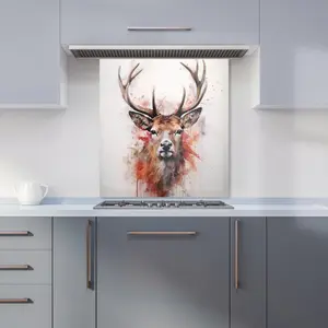 Watercolour Splashart Stag Face Premium Glass Kitchen Splashback W600mm x H600mm