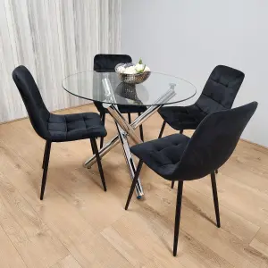 Round Chrome Metal and Clear Glass Dining Table and 4 Black Tufted Velvet Chairs Kitchen Dining Set