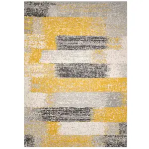 Yellow Ochre Grey Distressed Striped Block Living Room Rug 240x330cm