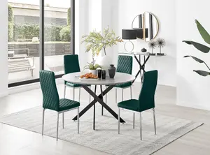 Furniturebox UK Novara Grey Concrete Effect Black Leg 120cm Round Dining Table & 4 Green Velvet Milan Chairs