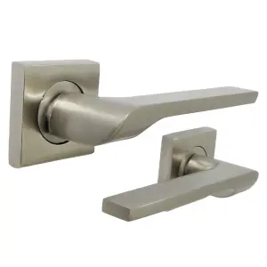 UNO-2 Door Handle Satin Nickel Lever on Square Rose Internal Handles + 64mm Latch & Hinges