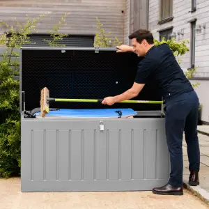 Olsen & Smith 830L Capacity Outdoor Garden Storage Box Plastic Shed - Weatherproof & Sit On with Wood Effect Chest