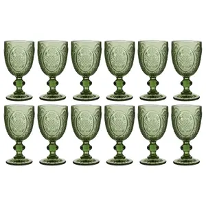 Set of 12 Vintage Luxury Green Embossed Drinking Goblet Wine Glasses 310ml