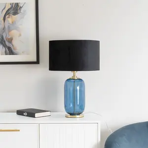 ValueLights Leigh Navy Blue Glass and Gold Detail Table Lamp with Black Velvet Drum Shade Light - LED Bulb Included