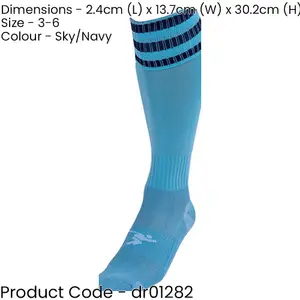 JUNIOR Size 3-6 Pro 3 Stripe Football Socks - SKY BLUE/NAVY - Contoured Ankle