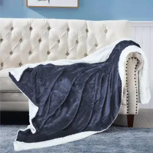 EHC Warm & Soft Sherpa Flannel Fleece Microfiber Blanket, Double Bed, Navy Blue - 150 cm x 200 cm