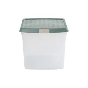 Wham Clip 4x 21.5L Rectangular Plastic Storage Boxes with Secure Clip Lock Lids. L:39 x W:29 x H:25.5cm Clear/Green Milieu/Stone