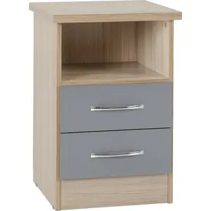 Cascio 2 Drawer Bedside Table Grey Gloss/Light Oak Effect Veneer