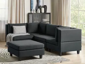 Corner Sofa with Ottoman UNSTAD Black Fabric Right Hand