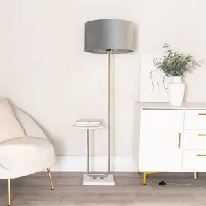 ValueLights Tavel Chrome Floor Lamp with Table and Grey Velvet with Chrome Inner Lamp Shade and Bulb