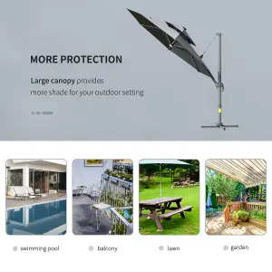 Outsunny 3m Cantilever Parasol Solar Lights Power Bank Base 360 degree Spin Dark Grey