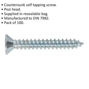 100 Pack of 3.5 x 25mm Pozi Head Self Tapping Countersunk Screws for All Your Fixing Needs