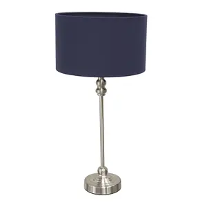 ValueLights Maggie Brushed Chrome Candlestick Slim Table Lamp with Navy Blue Fabric Drum Lamp Shade