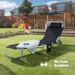 FOLDING SUN LOUNGER WITH SUN SHADE - BLACK